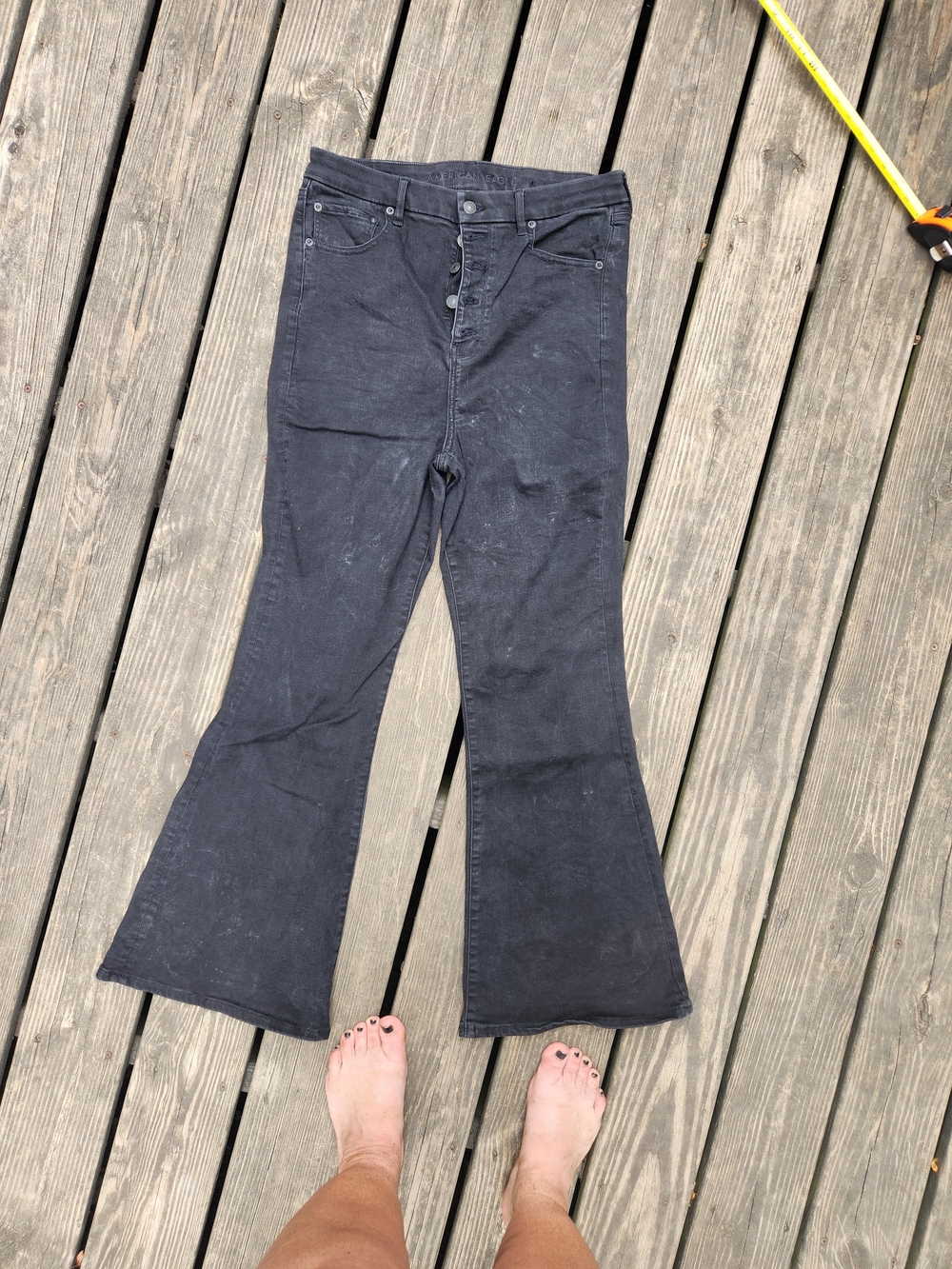 American Eagle Next Level Stretch Black Higgwaste Flare Button-Front Jeans 14